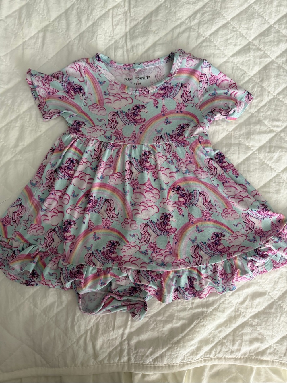 Posh Peanut Mint & Pink Unicorn Rainbow Ruffle Dress